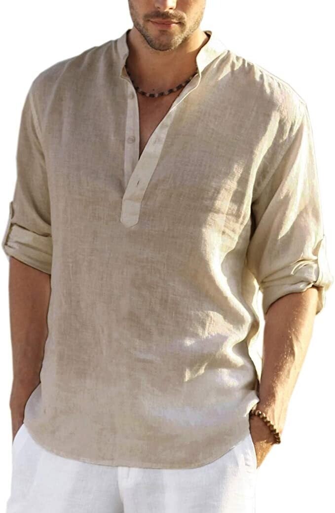 2024 Men's Cotton Linen Henley Shirt Long Sleeve Hippie Casual Beach T Shirts