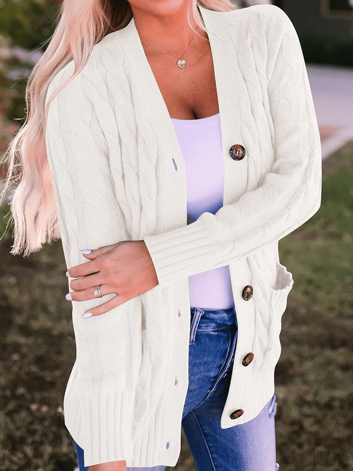 Women's Fall Casual Long Sleeve Button Down Open Front Cable Knit Cardigan