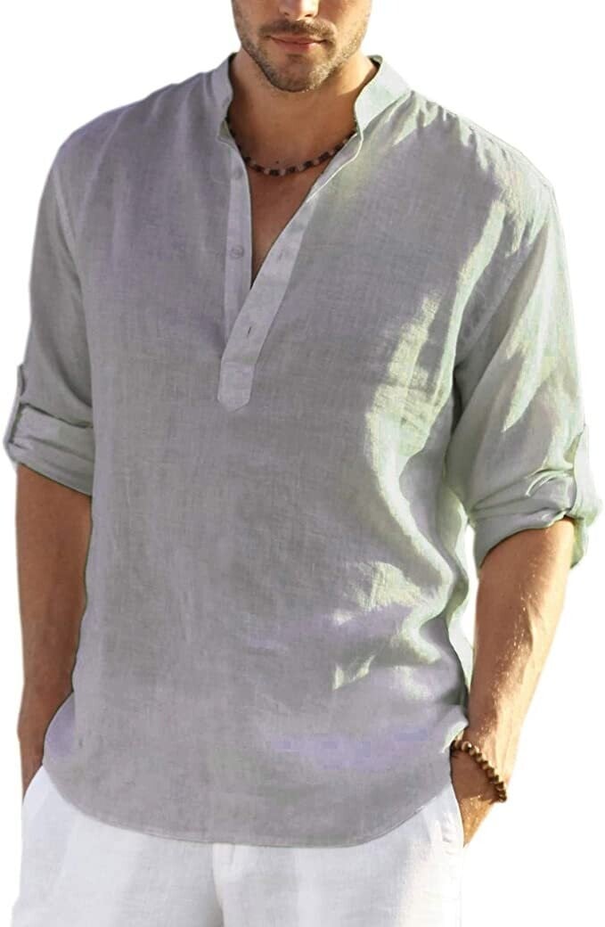 2024 Men's Cotton Linen Henley Shirt Long Sleeve Hippie Casual Beach T Shirts