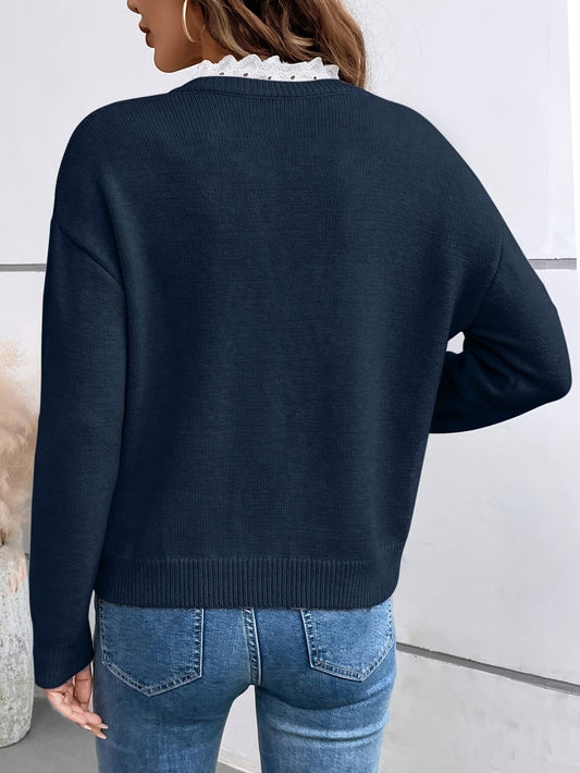 long-sleeve knitted sweater with lace trim