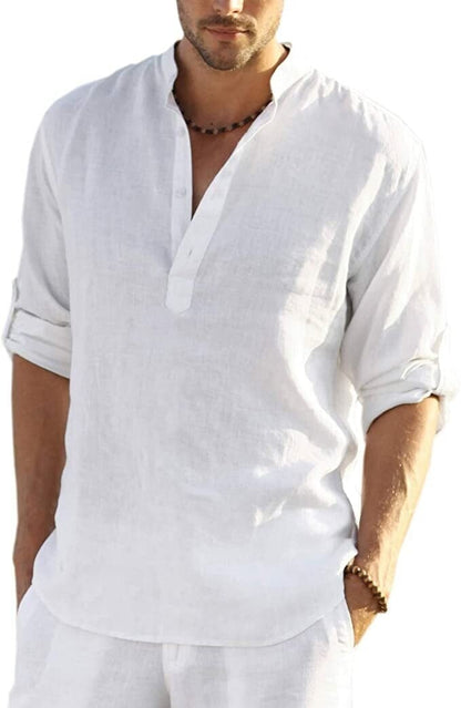 2024 Men's Cotton Linen Henley Shirt Long Sleeve Hippie Casual Beach T Shirts