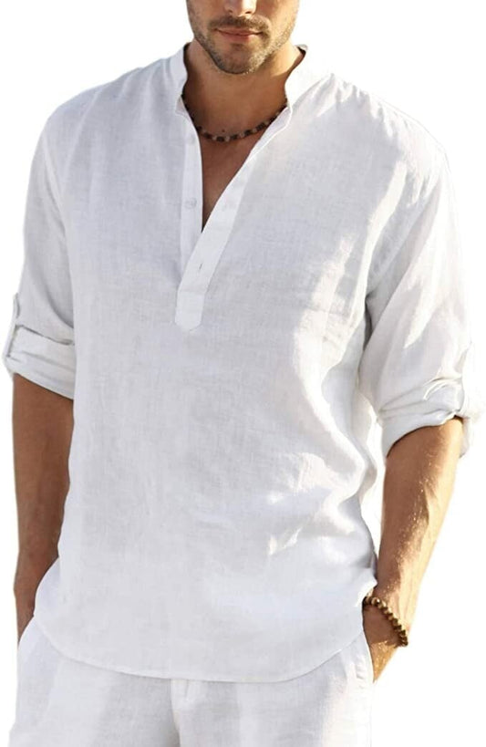 2024 Men's Cotton Linen Henley Shirt Long Sleeve Hippie Casual Beach T Shirts