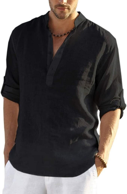 2024 Men's Cotton Linen Henley Shirt Long Sleeve Hippie Casual Beach T Shirts