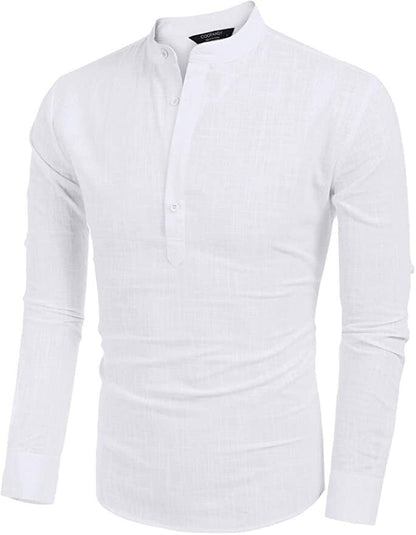2024 Men's Cotton Linen Henley Shirt Long Sleeve Hippie Casual Beach T Shirts