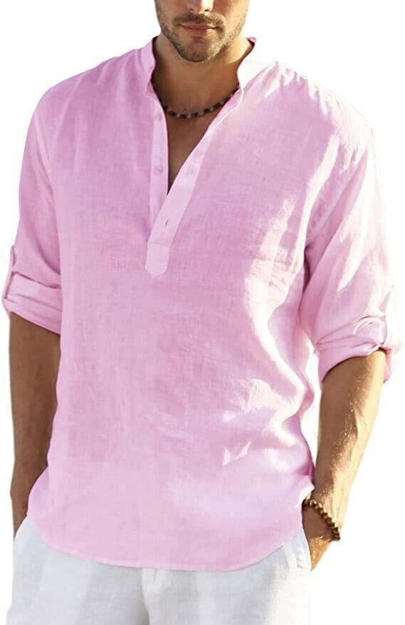 2024 Men's Cotton Linen Henley Shirt Long Sleeve Hippie Casual Beach T Shirts
