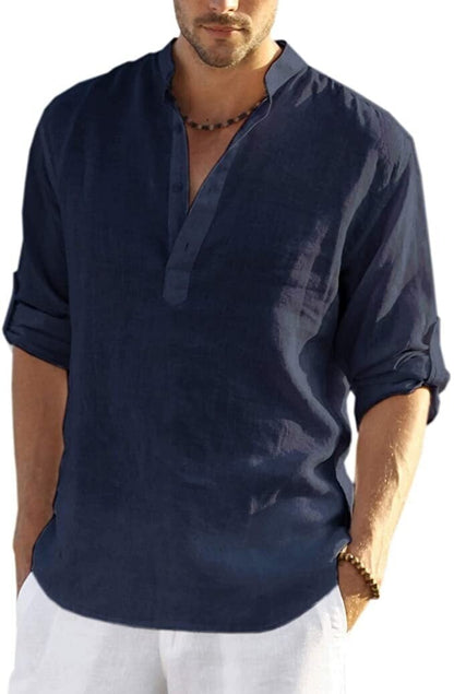 2024 Men's Cotton Linen Henley Shirt Long Sleeve Hippie Casual Beach T Shirts