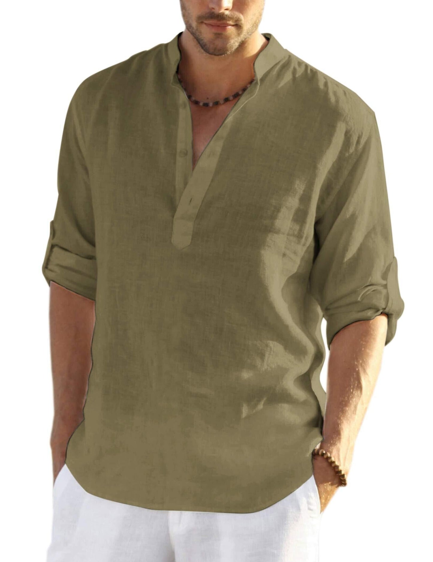 2024 Men's Cotton Linen Henley Shirt Long Sleeve Hippie Casual Beach T Shirts