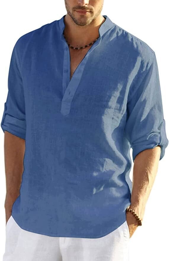 2024 Men's Cotton Linen Henley Shirt Long Sleeve Hippie Casual Beach T Shirts