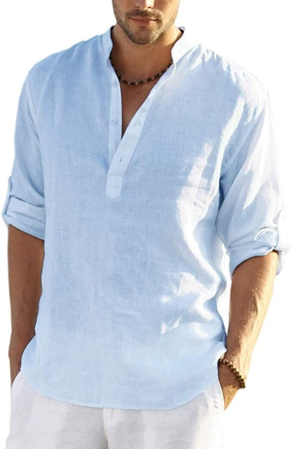2024 Men's Cotton Linen Henley Shirt Long Sleeve Hippie Casual Beach T Shirts