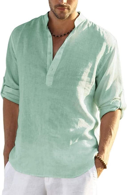 2024 Men's Cotton Linen Henley Shirt Long Sleeve Hippie Casual Beach T Shirts
