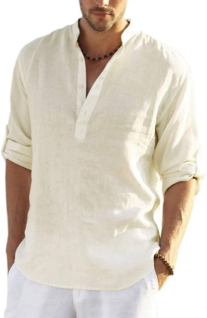 2024 Men's Cotton Linen Henley Shirt Long Sleeve Hippie Casual Beach T Shirts